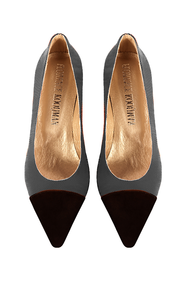 Matt black and dark grey women's dress pumps, with a round neckline. Pointed toe. Medium spool heels. Top view - Florence KOOIJMAN